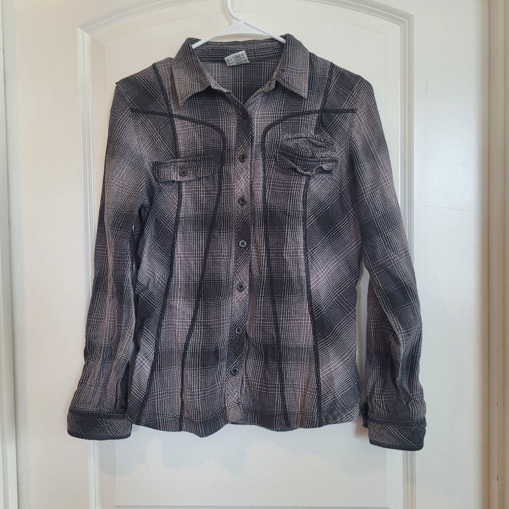 Columbia Women's Small Black and Gray Western Flannel Long Sleeved Button Shirt